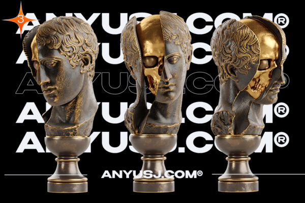 112张蒸汽朋克青铜3D立体欧洲抽象人物头像雕塑多角度PNG元素03号-第3331期-