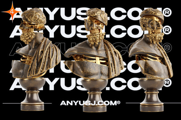 112张蒸汽朋克青铜3D立体欧洲抽象人物头像雕塑多角度PNG元素04号-第3331期-