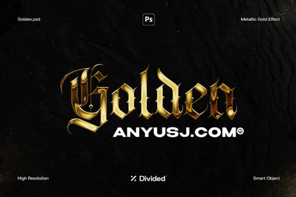 立体质感3D逼真金光闪闪黄金奢华金属镀铬文字标题logo特效样机Golden Gold Chrome Effect by Divided-第3278期-