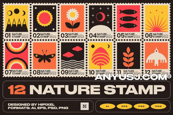 12款复古自然植物插画邮票卡片矢量AI设计套装12 Nature Stamps