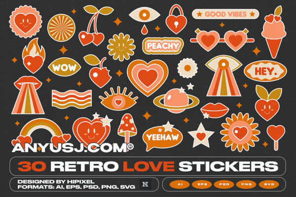 30 张复古爱情情人节插画图标图形贴纸设计30 Retro Love Stickers