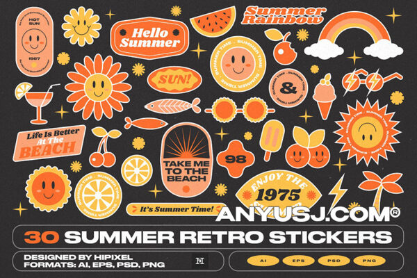 30款夏季复古趣味卡通笑脸表情包AI矢量插画贴纸设计30 Summer Retro Stickers