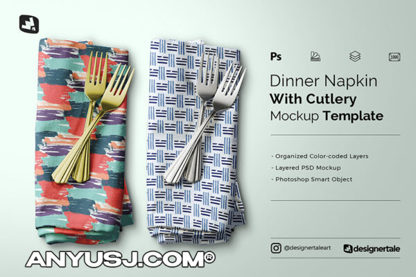 带餐具刀叉餐饮手帕布料餐巾布印花设计展示贴图样机模板 Dinner Napkin With Cutlery Mockup-第1185期-