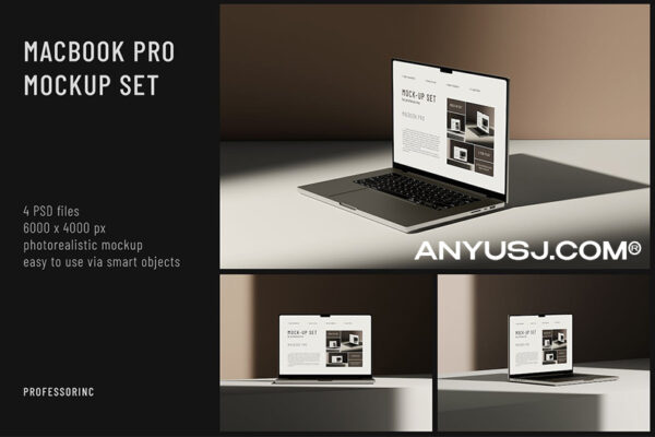 4款极简优雅光影苹果笔记本手提电脑UI界面设计展示PSD样机MacBook Pro Mockup Set