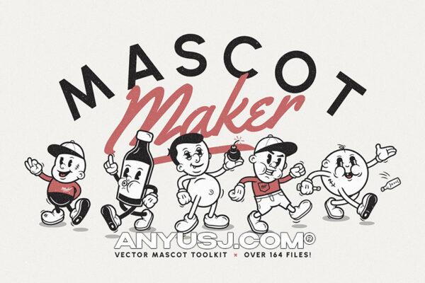 美式复古趣味卡通IP角色人物表情动作餐饮品牌AI矢量插画设计套件Mascot Maker Vector Mega Bundle-第3352期-
