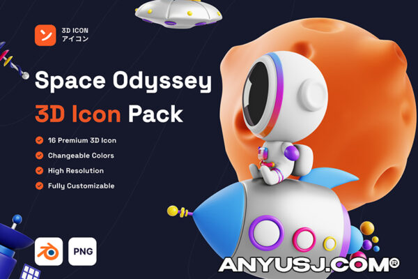 未来宇宙科幻星空宇航员趣味卡通可爱3D渲染插画图标设计包 Space Odyssey 3D Icon Pack