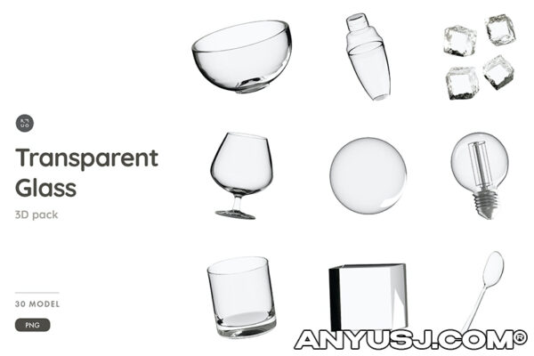 30款透明玻璃杯子碗玻璃球冰块勺子刀叉吸管瓶子三角体立方体生活用品对象 3D 插图包Transparent Glass Object 3D Illustration Pack