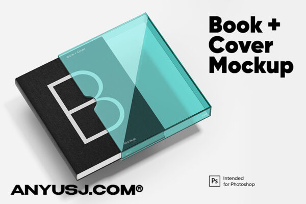 透明塑料书籍封套封面设计展示样机Book+Cover Mockup