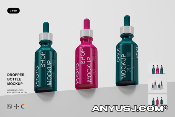 质感玻璃滴管瓶化妆品精华包装PSD样机套装Dropper Bottle Mockup Set