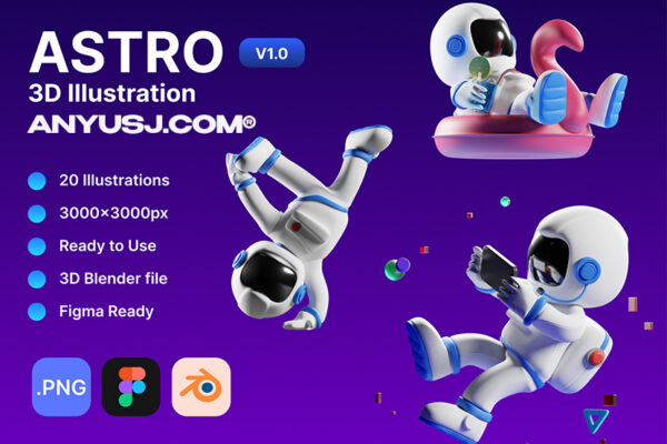 20款3D三维立体趣味卡通宇宙太空宇航员UI图标插画设计包Astro 3D Illustration