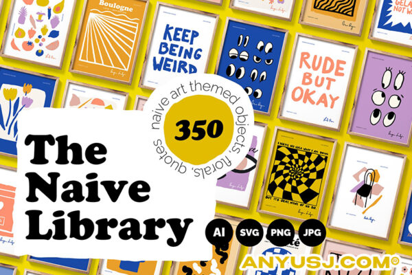 350+复古趣味艺术创意手绘插画AI矢量元素海报印花设计模板套件Naive Art Clipart + Posters-第3325期-