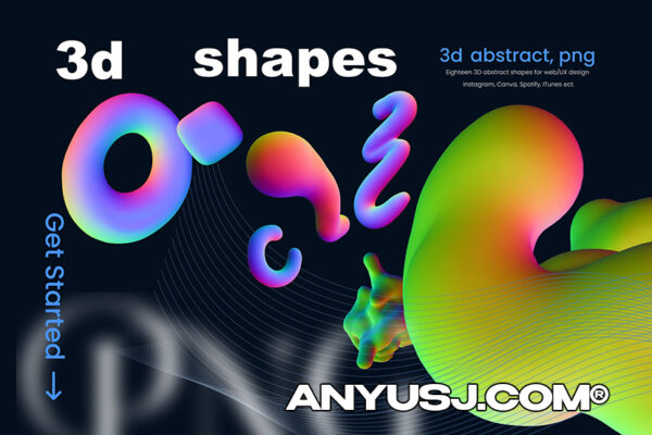 18款高清3D霓虹渐变立体图形PNG设计元素包3d abstract shapes