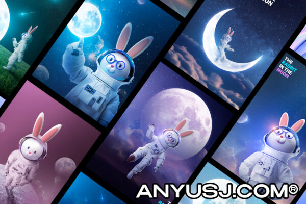 17款中秋节主视觉卡通趣味月兔宇航员月球宇宙兔子PSD海报排版源文件-第3250期-