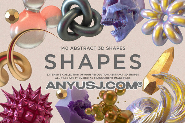 140款质感3D渲染金属流体几何骷髅迷幻抽象艺术PNG元素套装Shapes by RuleByArt-第3270期-