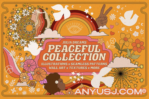 复古美式波西米亚手工装饰花卉植物图案手绘插图插画AI设计套装Peaceful Collection-第3293期-