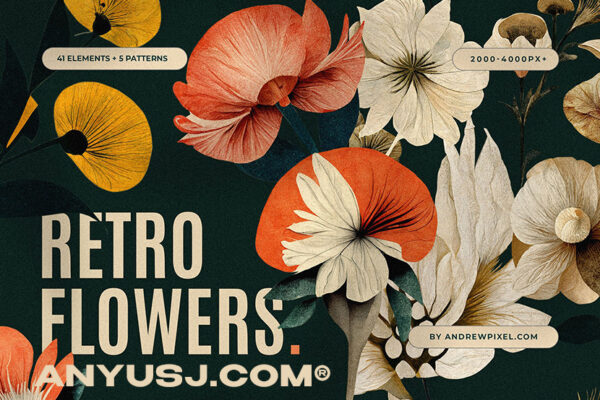 41款复古花卉宫廷手绘插画插图无缝图案品牌印花设计包Retro Flower Collection + Patterns