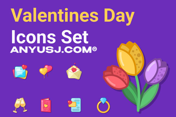 48款情人节像素复古噪点可爱爱心表情包logo图标插画应用UI设计套件Valentines Day Icons Set