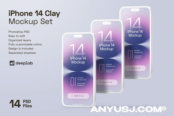 14款质感iPhone 14苹果单色手机设计作品贴图PS样机套装iPhone 14 Pro Clay Mockup Set-第3297期-