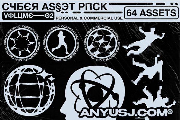 64款赛博朋克抽象艺术logo徽标图标AI复古Y2K矢量图形插画设计套件CYBER ICON PACK [2] by Hvnter-第3255期-