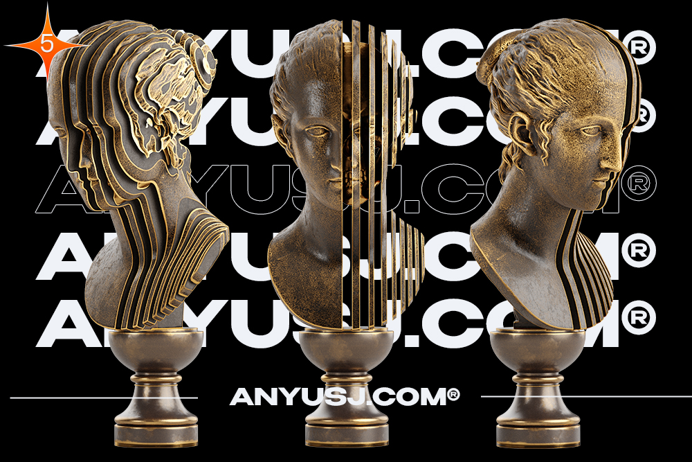 112张蒸汽朋克青铜3D立体欧洲抽象人物头像雕塑多角度PNG元素05号Bust