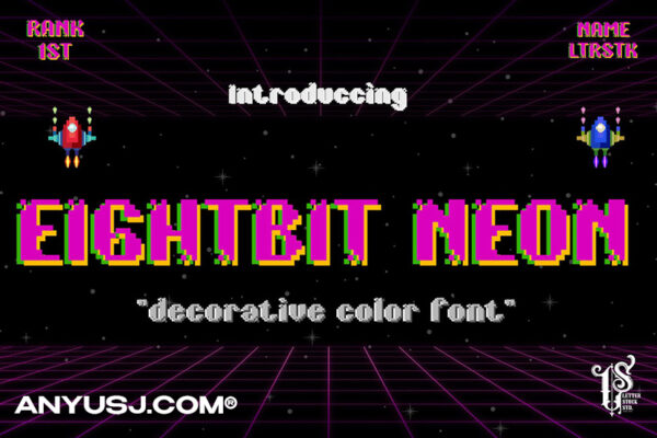 复古游戏像素趣味抽象装饰海报标题logo排版徽标西文字体Eight-Bit Neon – Opentype SVG Color Font-第3407期-