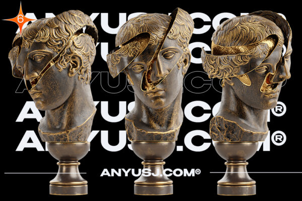 112张蒸汽朋克青铜3D立体欧洲抽象人物头像雕塑多角度PNG元素06号Bust of Man with Golden Details-第3477期-