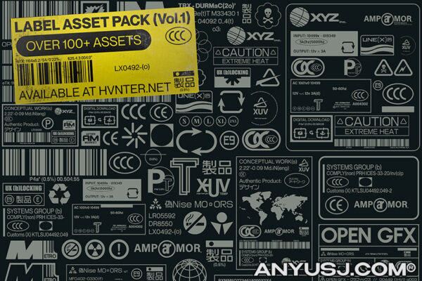 107款千禧Y2K赛博机能印刷图标工业风Logo矢量图形设计套装Hvnter-Label Asset Pack Vol.01-第3541期-