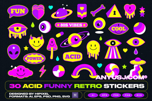 30 款卡通复古Y2K酸性趣味表情包贴纸插画AI矢量设计30 Funny Acid Retro Stickers