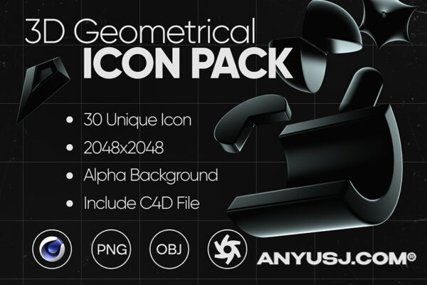 30款创意立体暗黑反射科幻抽象3D三维几何图形C4D设计套件3D Geometrical – 3d Icon Pack-第3420期-
