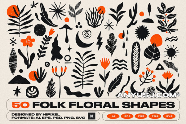 50款复古优雅波西米亚民间花卉文身印花包装AI矢量图案图形设计包50 Folk Floral Shapes