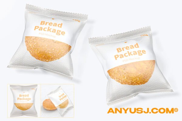 6款透明质感简约面包食品真空塑料袋包装袋设计展示PSD样机bread packages mockup
