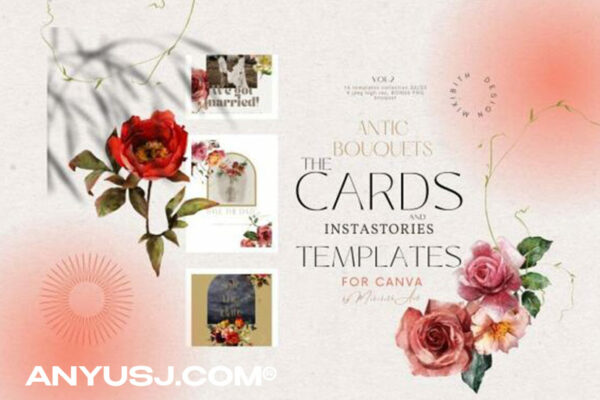 CANVA 邀请函请柬卡片手绘花卉渐变弥散光PNG插画设计包Antic Bouquets Cards and Instagram Templates
