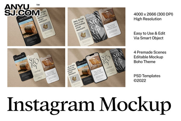 4款手机APP界面UI设计展示PSD样机Branding Instagram Mockup