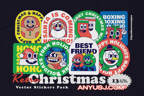 13款圣诞节趣味卡通人物插画贴纸设计包Christmas Stiker Illustration pack