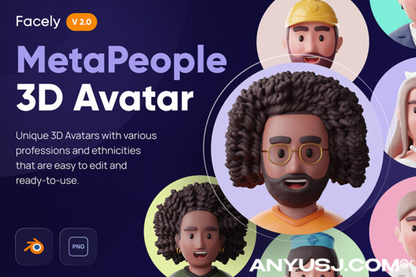 20款3D趣味卡通人物头像PNG/Blender模型UI图标插画插图设计套装Facely V2 – MetaPeople 3D Avatar-第3516期-