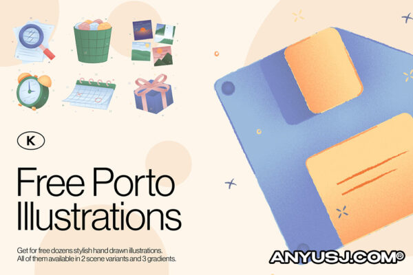 20款手绘可爱卡通现代UI应用图标配图噪点插画设计包Porto