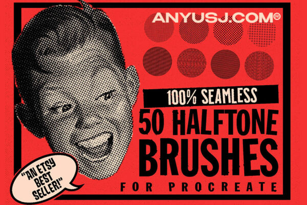 50款复古半调Procreate无缝画笔图案纹理艺术画笔笔刷合集50 Halftone Brushes for Procreate