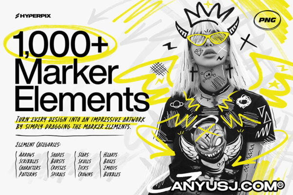 1000+涂鸦手绘灵感箭头圆圈标记趣味卡通插画表情包图案PNG设计套件Hyper Marker by Hyperpix-第3467期-