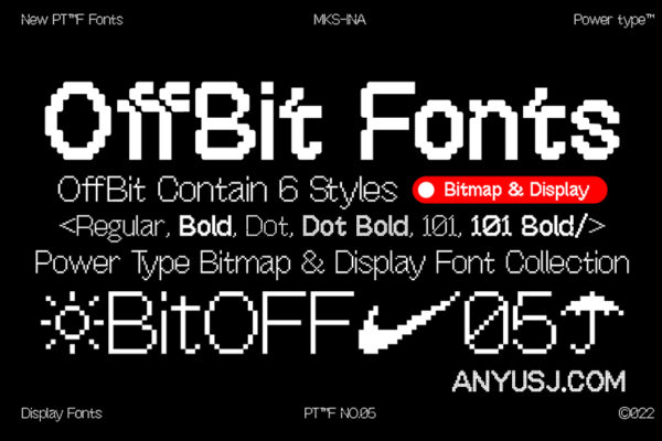 6款复古现代科技Y2K像素机能赛博海报标题logo设计徽标排版西文字体家族PTF OffBit Fonts Complete
