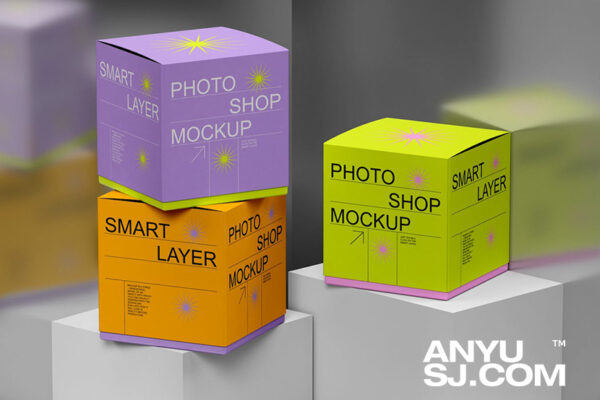 真实质感正方形纸盒包装盒外观设计展示PSD样机Paper Box Mockup
