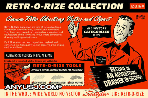 30款复古70年代青年广告杂志报纸广告插画AI矢量设计套件Retro -o-rize Collection