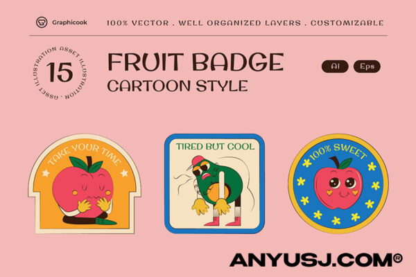 15款复古Y2K趣味卡通水果徽章logo插图集Cartoon Fruit Badge Illustration Set