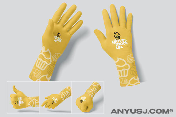 5款橡胶手套工作手套劳保文创VI展示PSD样机Gloves Mockups