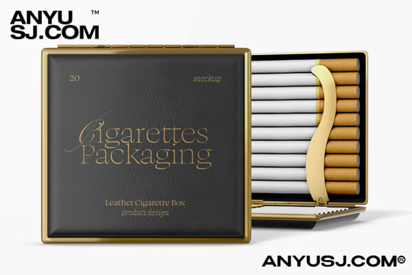5款高档皮革香烟外包装盒收纳盒设计展示PSD样机组合Cigarette Packing-第3500期-