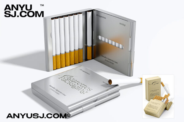 8款高档金属香烟外包装盒收纳盒设计展示PSD样机组合Cigarette Packing-第3500期-