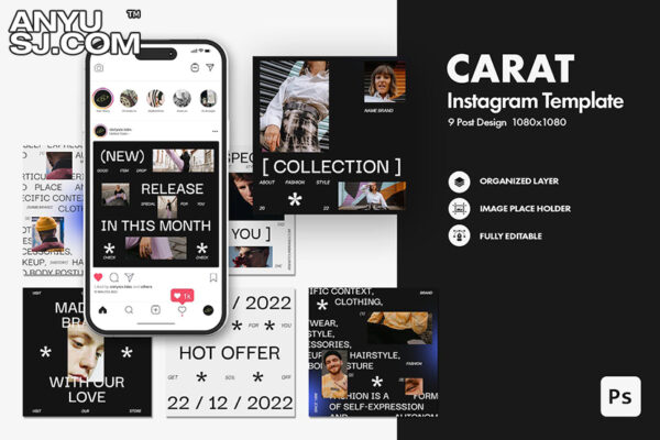 9款现代都市极简INS品牌推广促销电商详情图片排版设计模板Carat Fashion – Instagram Post-第3661期-