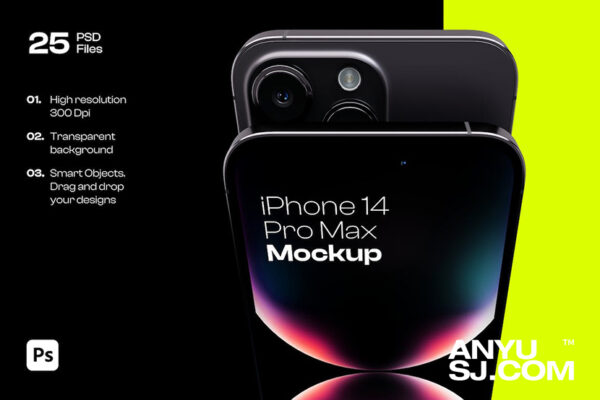 25款苹果iPhone 14 Pro Max手机ui界面广告设计贴图ps样机素材iPhone 14 Pro Max Mockup Pack-第3555期-