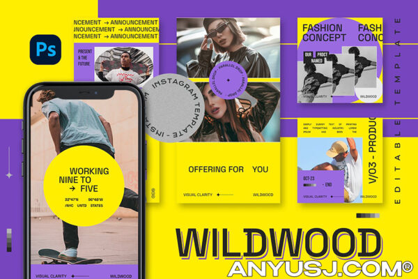 12款紫色极简艺术美学街头品牌电商公众号推文海报排版设计源文件Wildwood Streetwear Instagram Template-第3596期-