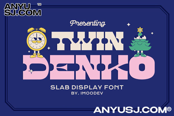 现代复古趣味卡通逆反差海报排版标题logo徽标设计衬线西文字体Twin Denko – Modern Cool Fonts-第3579期