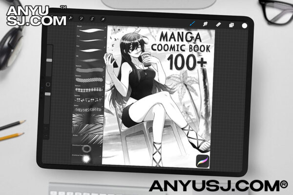 100+半调水墨气氛背景方格墙壁太阳花鸟图章漫画绘画Procreate笔刷100+ Manga Brushes for Procreate-第3690期-